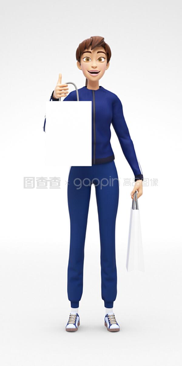 由微笑和快樂的3d女性角色持有的空白購物袋模型